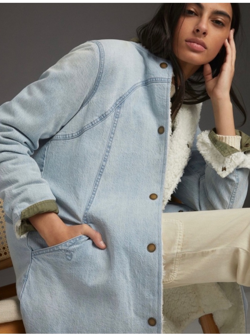 Anthropologie Light Wash Sherpa-Lined Denim Jacket